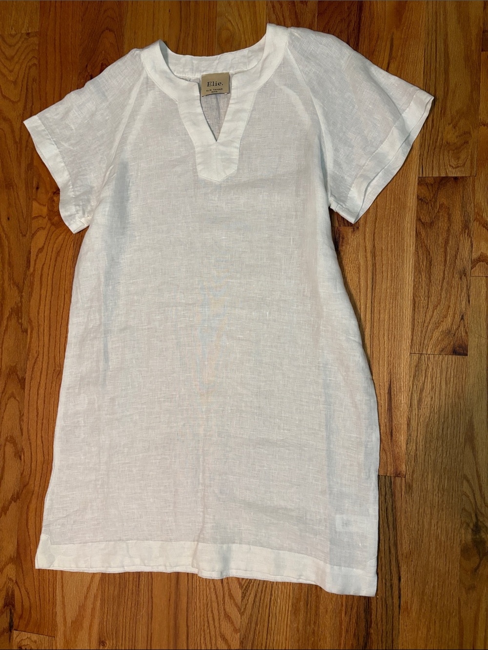Elie. Elie Tahari Split Neck Linen Dress in White; Petite Large - Picture 3 of 8